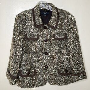 TALBOTS Petites Blazer Green & Brown Woven Tweed WOOL Blend Single Breasted 10P